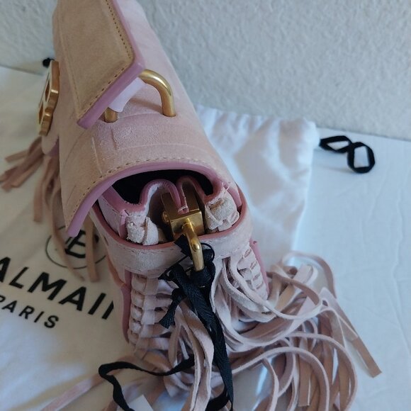 Balmain B-Buzz 19 Fringed Suede Monogram Crossbody Bag Faded Rose - Picture 14 of 15